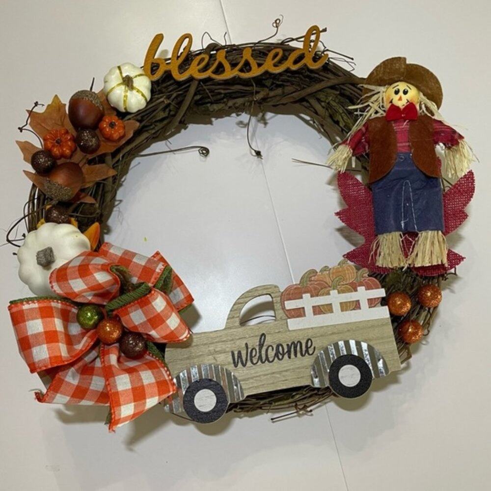 Fall Blessed Welcome Truck Scarecrow Wreath 15"